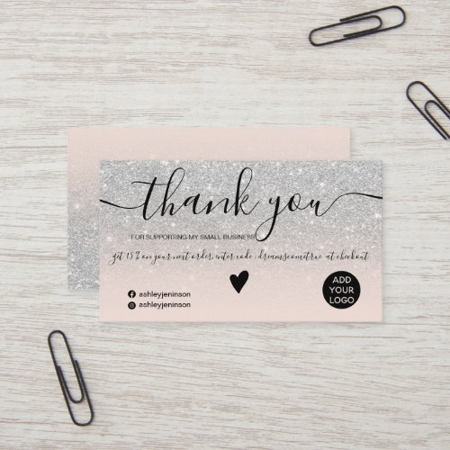 Modern silver glitter blush order thank you business card