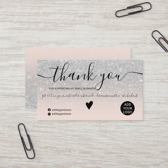 Modern silver glitter blush order thank you business card (Front/Back In Situ)