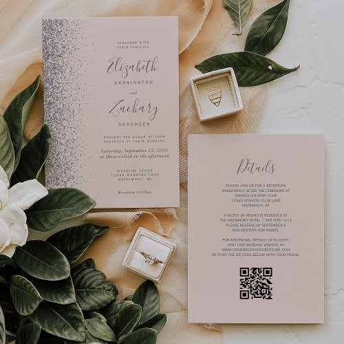 Modern Silver Glitter Blush Pink QR Code Wedding Invitation