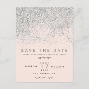 Modern silver glitter blush pink  save the date announcement postcard