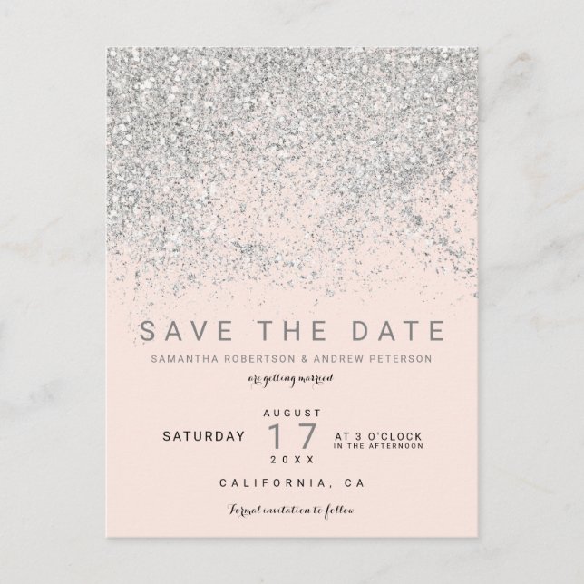 Modern silver glitter blush pink  save the date announcement postcard (Front)