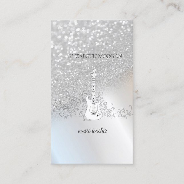 Modern Silver Glitter Bokeh, Guitar Business Card (Front)
