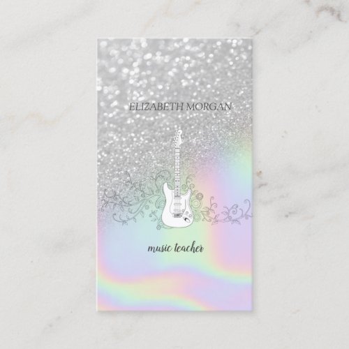 Modern Silver Glitter Bokeh GuitarHolographic Business Card