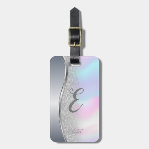 Modern Silver Glitter BokehHolographic Monogram Luggage Tag