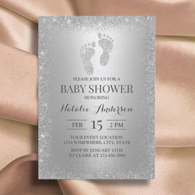 Modern Silver Glitter Boy Girl Feet Baby Shower Invitation
