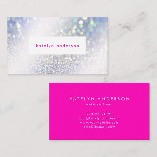 Modern Silver Glitter Bright Pink Make-up and Hair Business Card (Front/Back)
