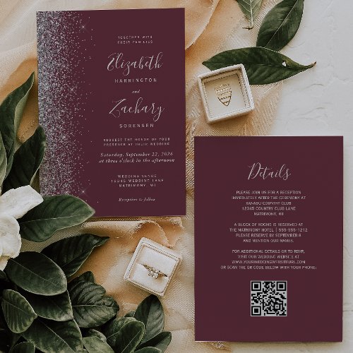 Modern Silver Glitter Burgundy QR Code Wedding Invitation