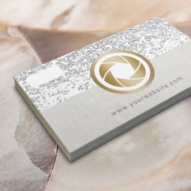 Modern Silver Glitter Camera Elegant Photography Business Card (Creator Uploaded)