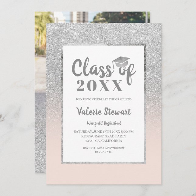 Modern silver glitter class of photo graduation invitation (Front/Back)