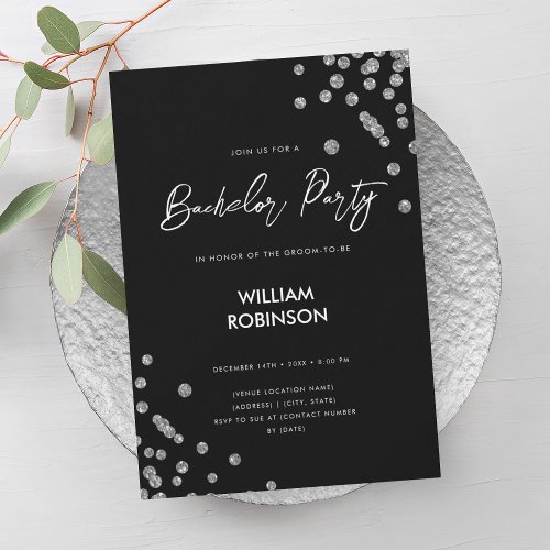 Modern Silver Glitter Confetti Bachelor Party  Invitation