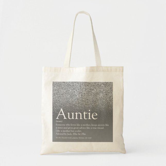 Modern Silver Glitter Cool Aunt Auntie Definition Tote Bag (Front)