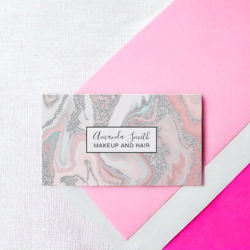 Modern silver glitter coral gray pastel marble business card