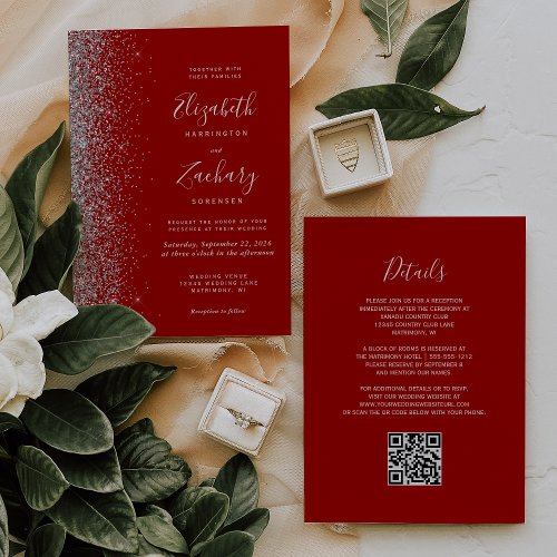 Modern Silver Glitter Crimson Red QR Code Wedding Invitation