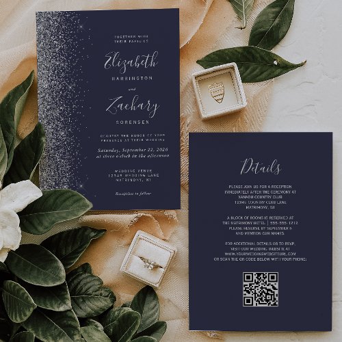 Modern Silver Glitter Dark Blue QR Code Wedding Invitation