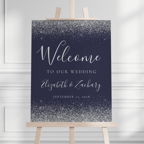 Modern Silver Glitter Dark Blue Wedding Welcome Foam Board