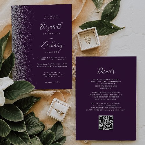 Modern Silver Glitter Dark Purple QR Code Wedding Invitation