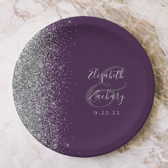Modern Silver Glitter Dark Purple Wedding Paper Plates (Creator Uploaded)