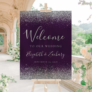 Modern Silver Glitter Dark Purple Wedding Welcome Acrylic Sign