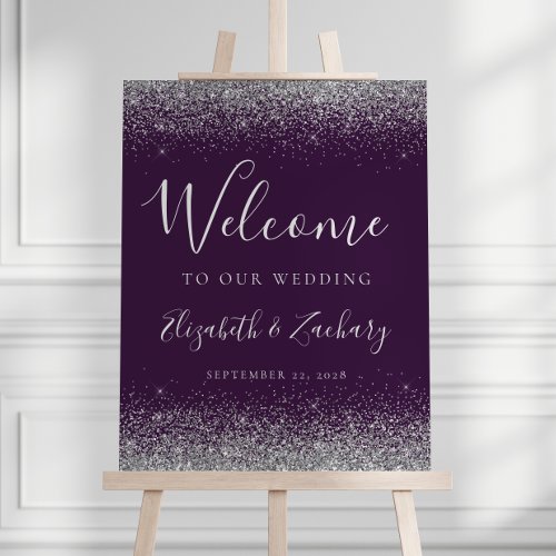 Modern Silver Glitter Dark Purple Wedding Welcome Foam Board