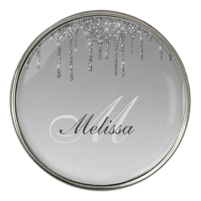 modern silver glitter drip monogrammed golf ball marker (Front)