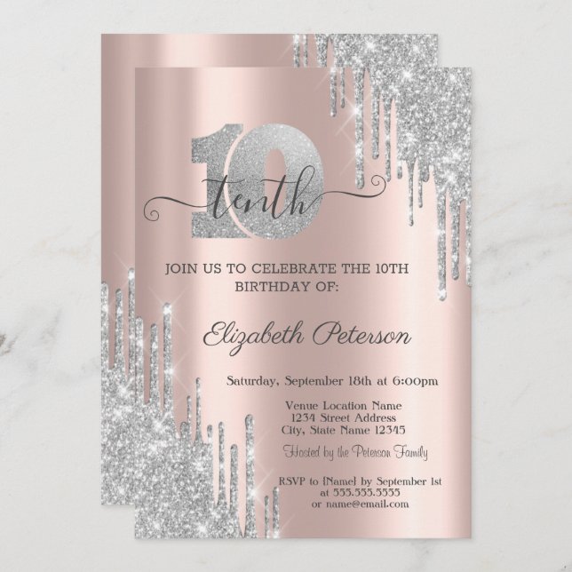 Modern Silver Glitter Drips 10th Birthday  Invitat Invitation (Front/Back)