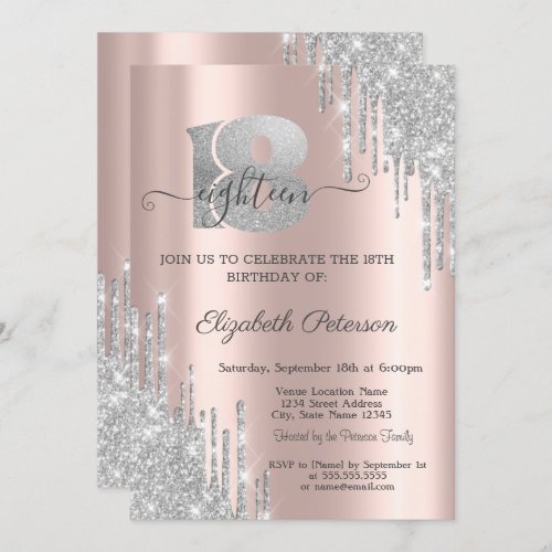 Modern Silver Glitter Drips 18th Birthday  Invitation