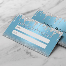Modern Silver Glitter Drips Blue Salon &amp; SPA Appointment Card