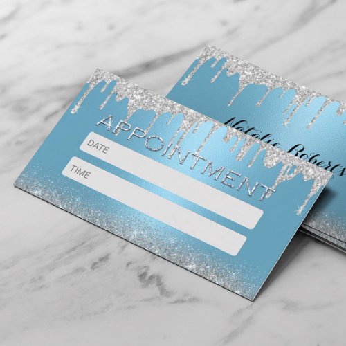 Modern Silver Glitter Drips Blue Salon  SPA Appointment Card