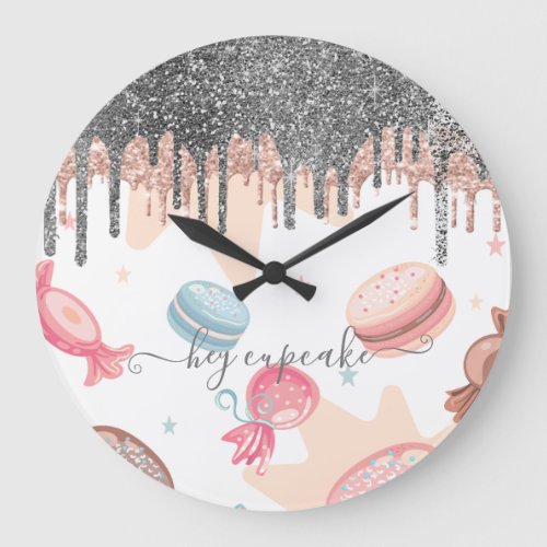 Modern Silver Glitter Drips Candy Sweets   Large Clock