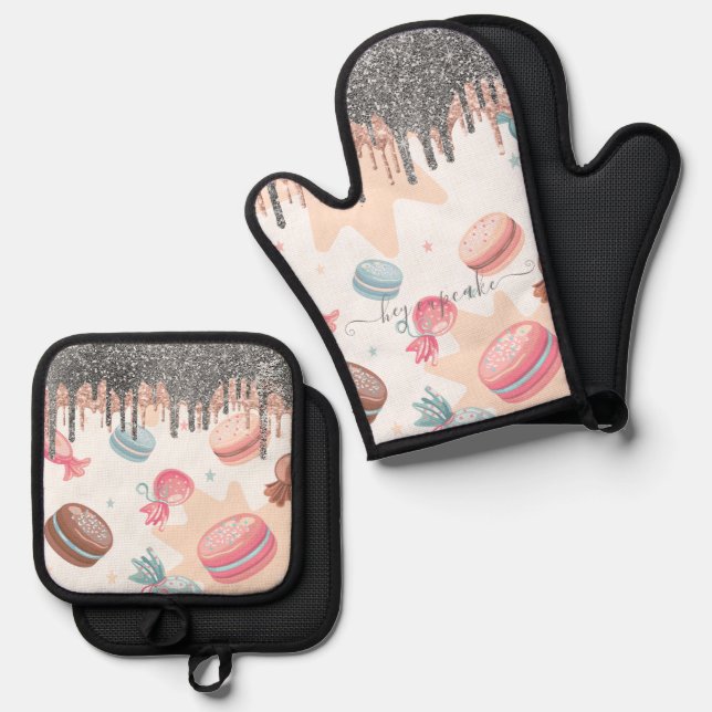 Modern Silver Glitter Drips Candy Sweets Oven Mitt & Pot Holder Set (Front/Back)