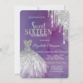 Modern Silver Glitter Drips,Dress Violet Sweet 16 Invitation (Front)