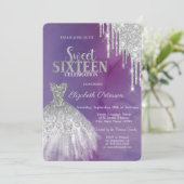 Modern Silver Glitter Drips,Dress Violet Sweet 16 Invitation (Standing Front)