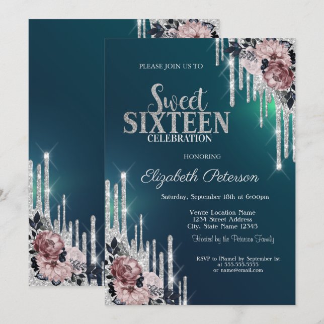 Modern Silver Glitter Drips Flowers Sweet 16  Invitation (Front/Back)