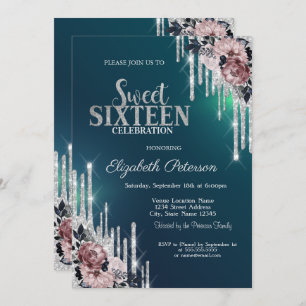 Modern Silver Glitter Drips Flowers Sweet 16 Invitation