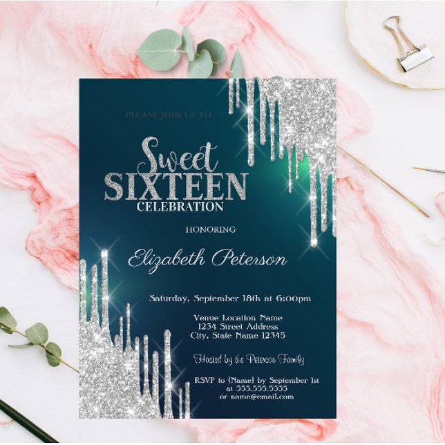Modern Silver Glitter Drips Green  Sweet 16 Invitation (Creator Uploaded)