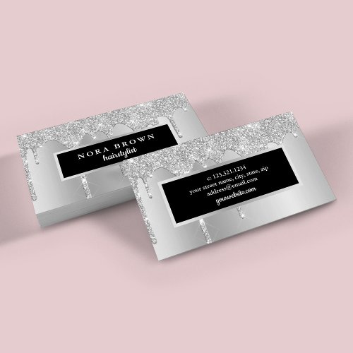 Modern silver glitter drips hairstylist business card