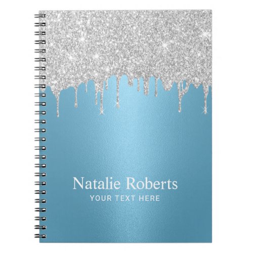 Modern Silver Glitter Drips Light Blue Notebook
