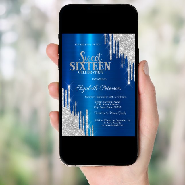 Modern Silver Glitter Drips Metallic Blue Sweet 16 Invitation (Front Digital)