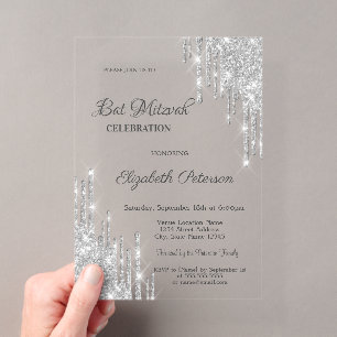 Modern Silver Glitter Drips Rose Gold Bar Mitzvah Acrylic Invitations