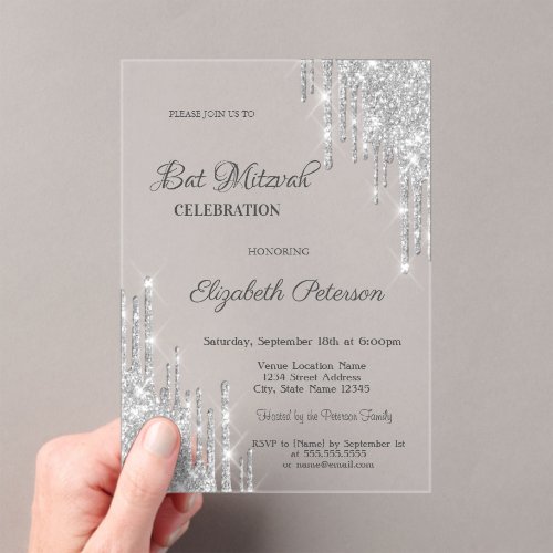 Modern Silver Glitter Drips Rose Gold Bar Mitzvah