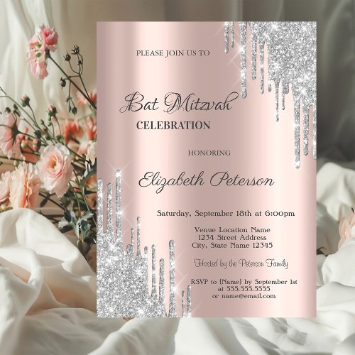 Modern Silver Glitter Drips Rose Gold Bar Mitzvah