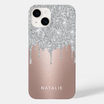 Modern Silver Glitter Drips Rose Gold Custom Name Case-mate Iphone 14 Case by caseplus at Zazzle