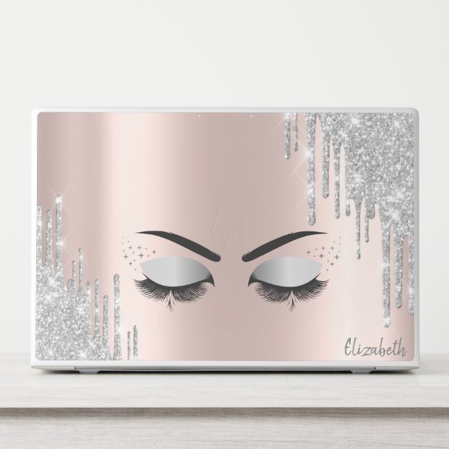 Modern Silver Glitter Drips Rose Gold Faux Lashes HP Laptop Skin (Front)