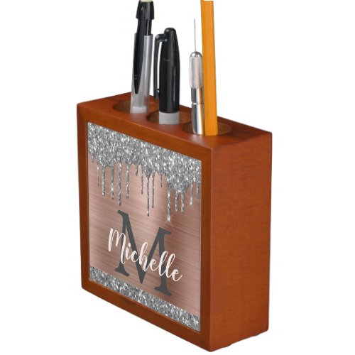 Modern Silver Glitter Drips Rose Gold Metal Name Desk Organizer