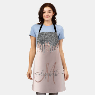 Modern Silver Glitter Drips Rose Gold Monogram Apron
