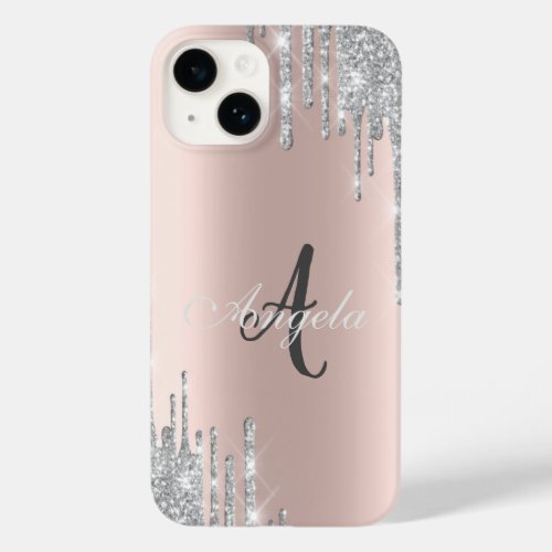 Modern Silver Glitter Drips Rose GoldMonogram Case_Mate iPhone 14 Case