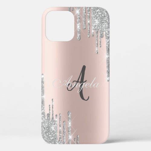 Modern Silver Glitter Drips Rose GoldMonogram iPhone 12 Case