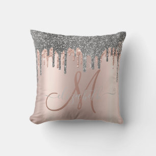 Modern Silver Glitter Drips Rose Gold Monogram Throw Pillow