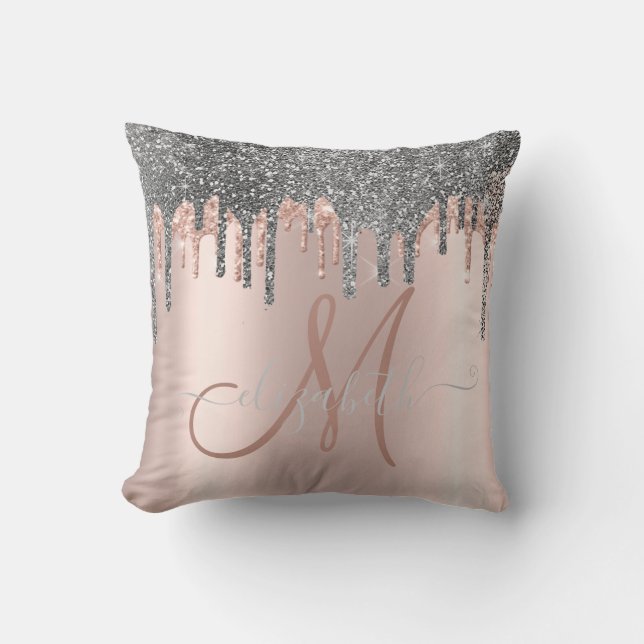 Modern Silver Glitter Drips Rose Gold  Monogram Throw Pillow (Front)