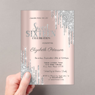 Modern Silver Glitter Drips Rose Gold Sweet 16 Acrylic Invitations